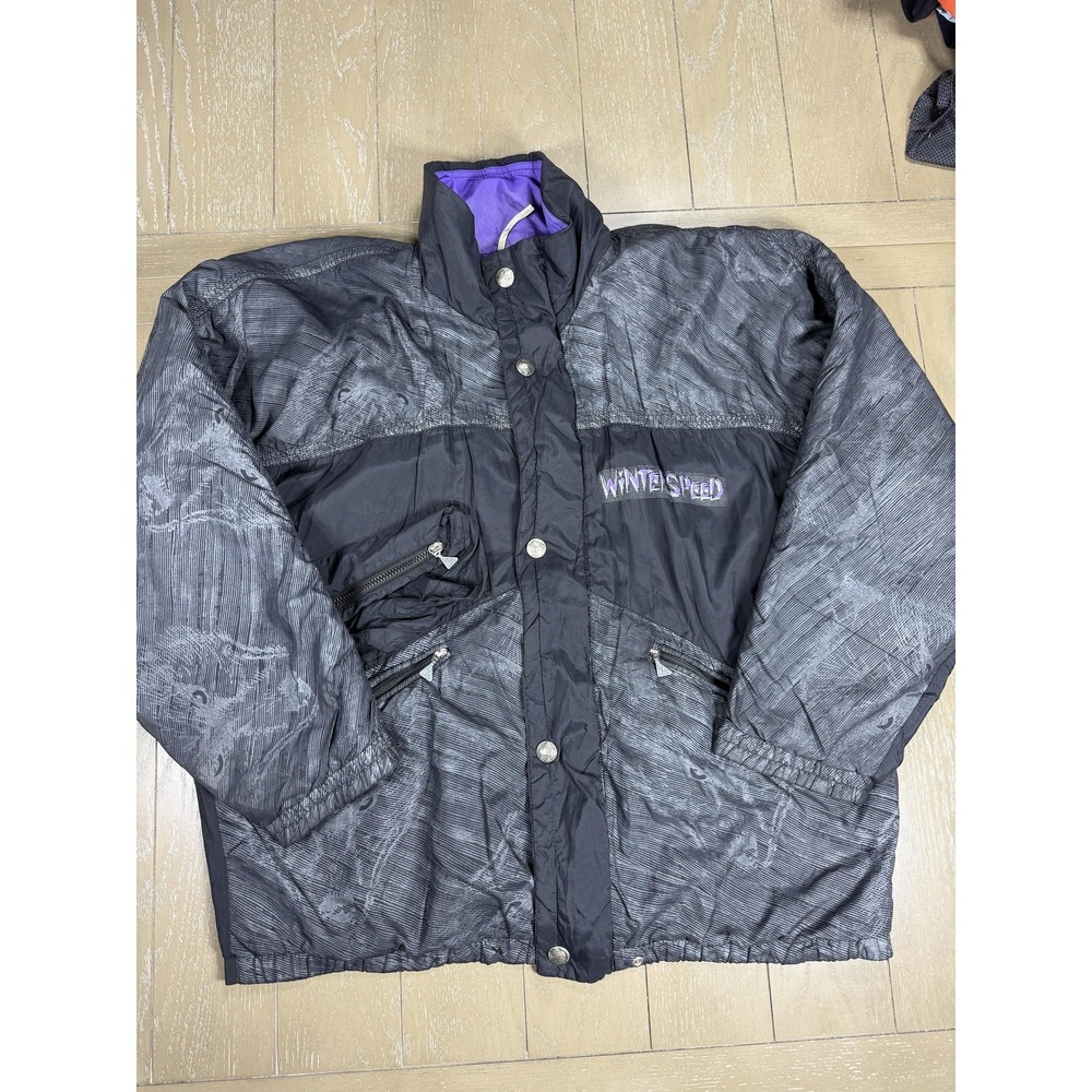 Vintage Luhta Jacket Mens 48 Large Gray Winterspeed‎ Wolf Print Ski Puffer 90s